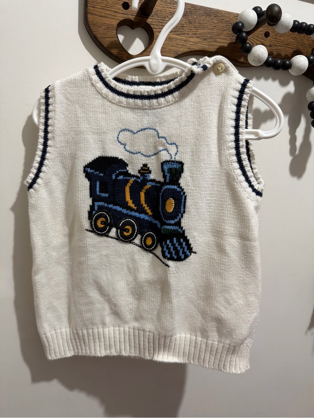 Vintage The Children's Place White Sweater Vest with Navy & Yellow Train
